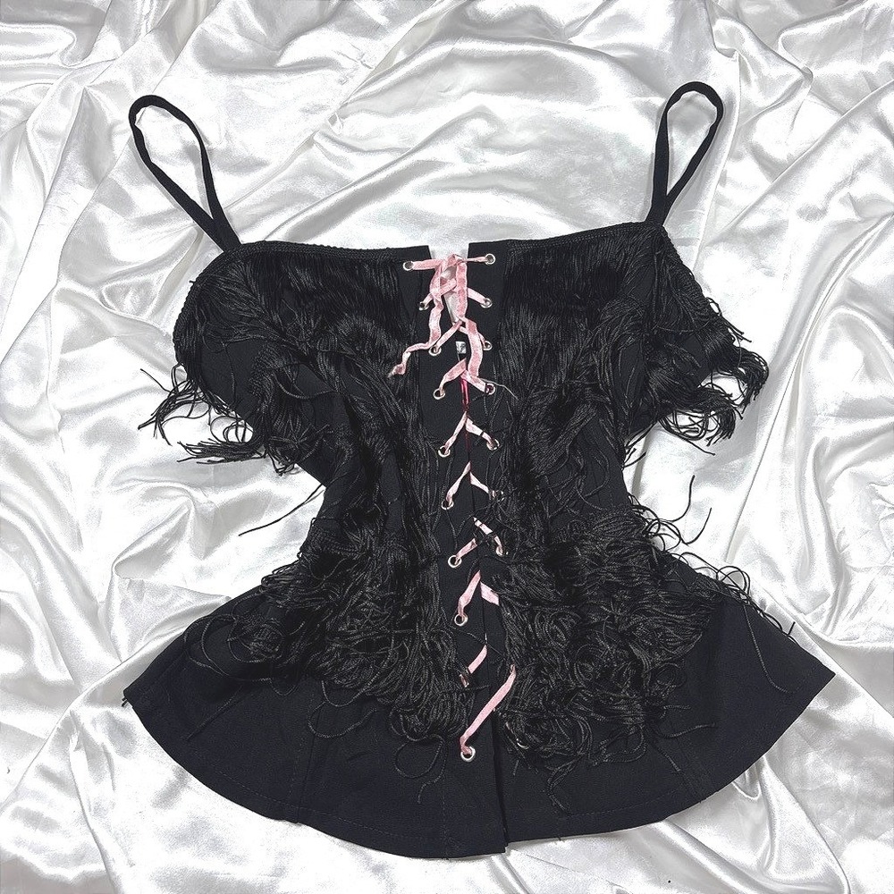 y2k euro Pois Fringe Corset Top Black Lace Up Pink Ribbon Made in Italy